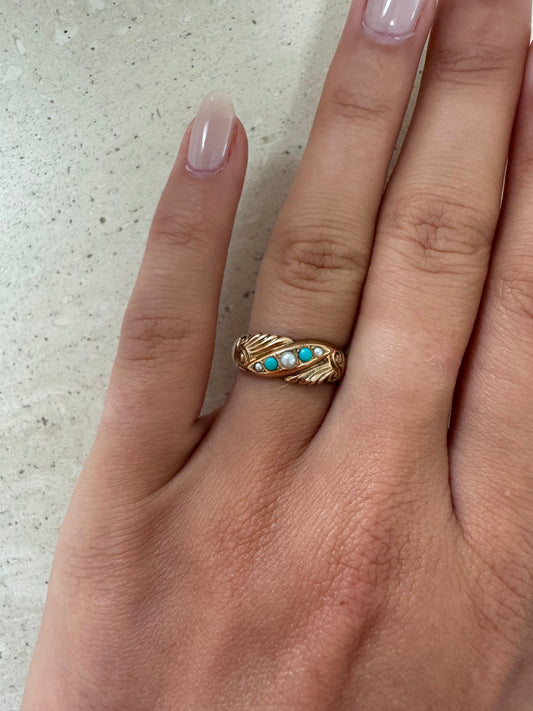 Antiker 9kt Gold Ring mit Türkisen und Saatperlen