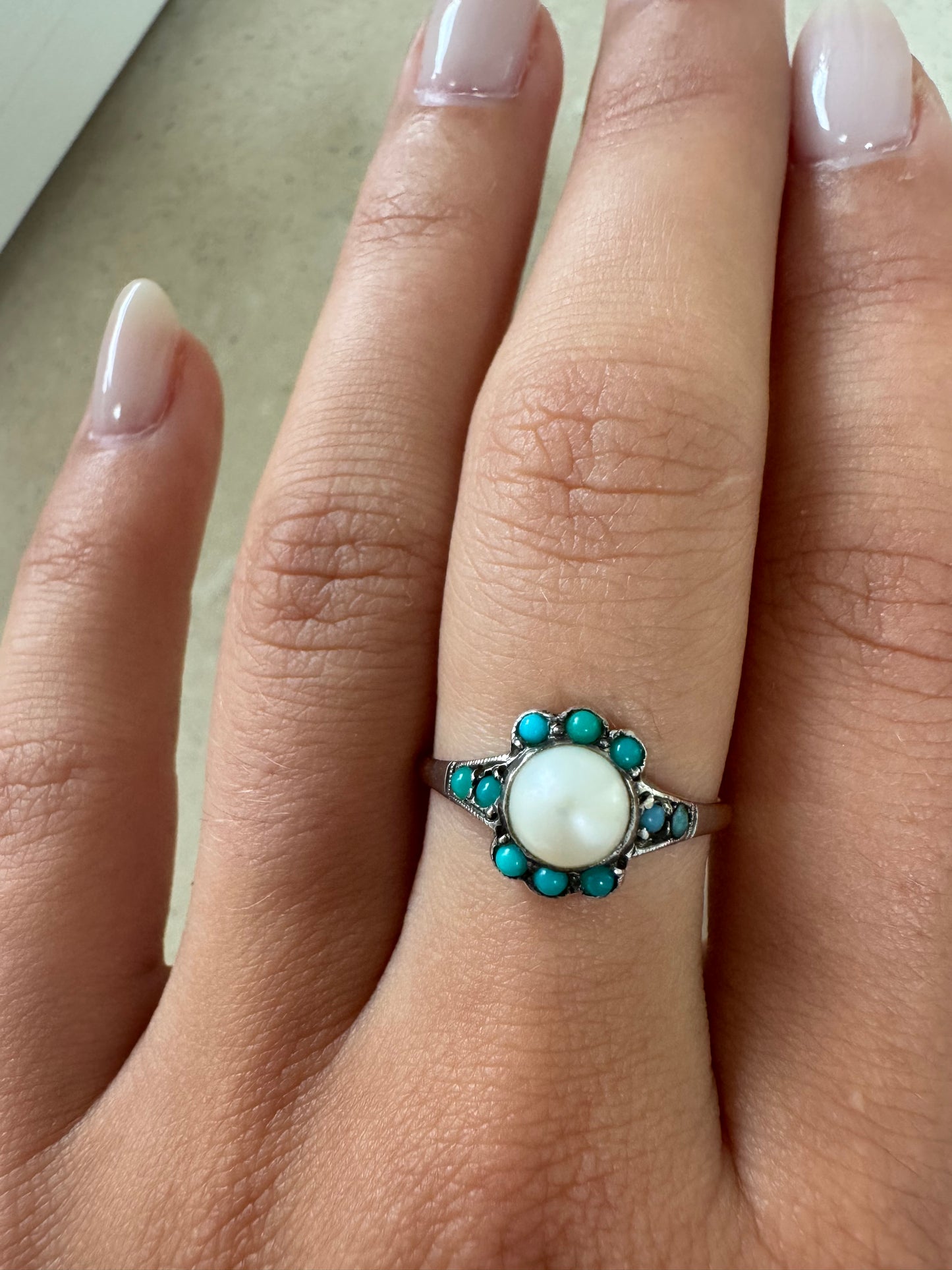 Vintage 9ct Gold Ring mit Perle & Türkisen
