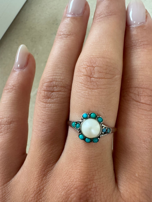 Vintage 9ct Gold Ring mit Perle & Türkisen
